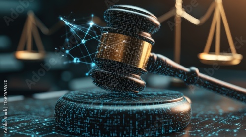 Advanced digital gavel and scales of justice symbolizing law, justice, legal decisions, and digital legal technology concepts