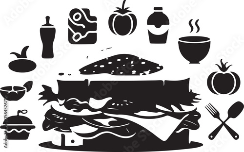 Minimalist black and white fast food vector set featuring detailed silhouettes of burgers, sandwiches, and beverages