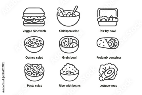 Healthy lunch icons featuring bowls, salads, wraps, and sandwiches
