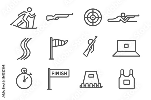 Winter biathlon symbols: skiing, shooting, target, stopwatch, finish line