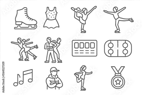 Figure skating icons: skates, pose, medal, ice rink, dance, music notes