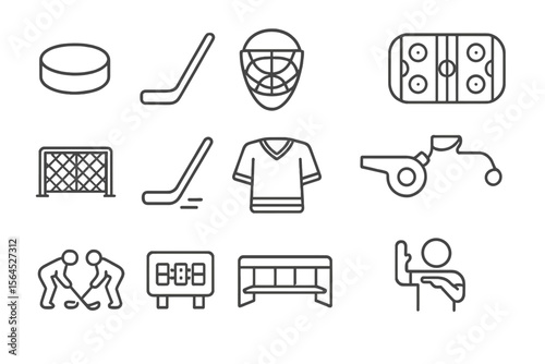 Ice hockey icons set: equipment, rink, and player symbols illustrated