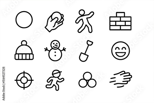Outdoor winter icons: snowman, shovel, hat, smiley, wall, circle
