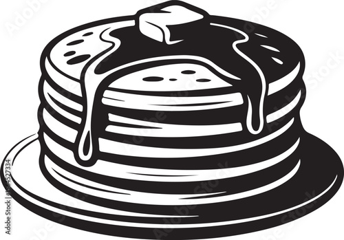 stacked pancake silhouette with syrup, fluffy pancakes with topping vector, breakfast pancake food icon