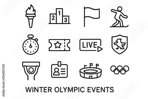 Winter olympic events icon set featuring sports symbols and medal standings