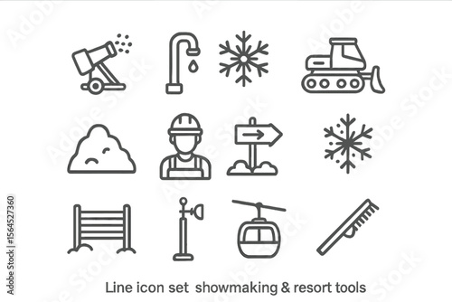 Snowmaking tools and resort equipment line icons set on metallic background