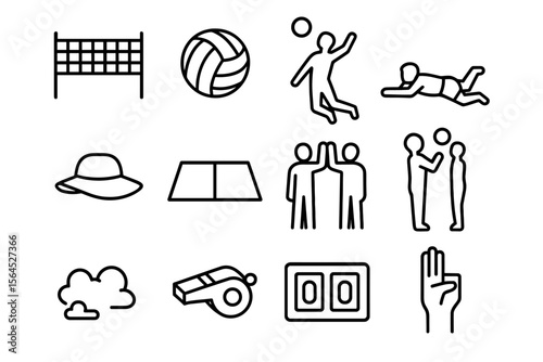Volleyball icon set: net, players, whistle, court, hat, scoreboard