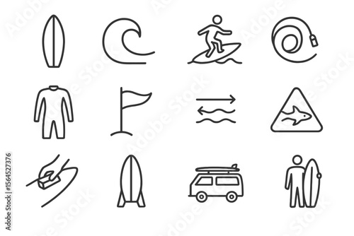 Surfing icon set featuring waves, surfboards, swimmer, and van