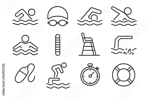 Outline icons of swimming gear and activities on dark background