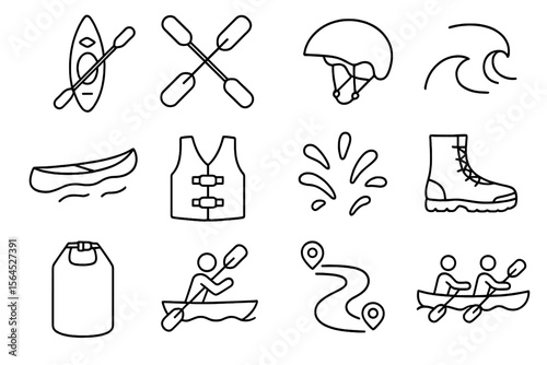 Kayaking adventure icons: gear and activities for water enthusiasts