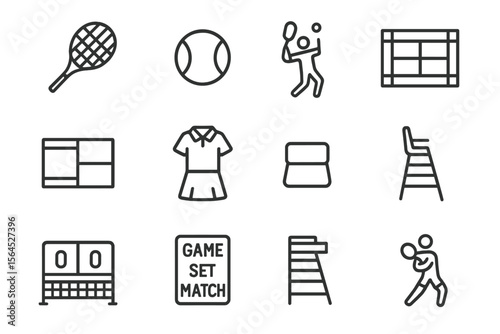 Tennis icons set featuring rackets, courts, and players in outline style