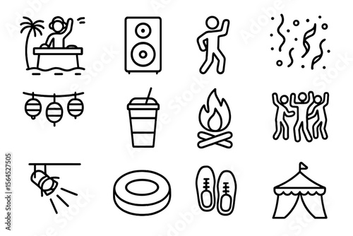 Doodle party icons: music, dance, drinks, lights, campfire, tent