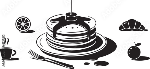 stacked pancake silhouette with syrup, fluffy pancakes with topping vector, breakfast pancake food icon