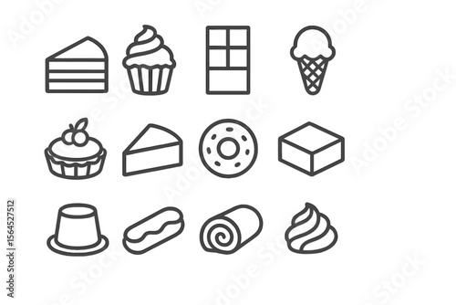 Dessert icons: cake, cupcake, ice cream, donut, eclair, tart, chocolate
