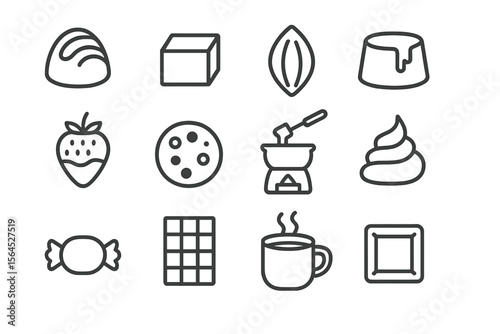 Assorted chocolate-themed icons: sweets, drinks, and desserts collection