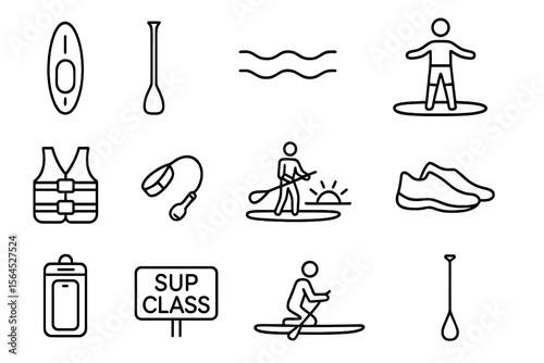 Outline icons for paddleboarding gear and activities on dark background