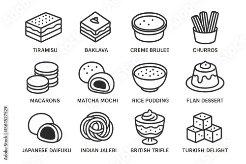 Assorted global desserts: tiramisu, baklava, creme brulee, mochi, jalebi
