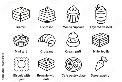 Assorted dessert icons featuring cakes, cupcakes, and pastries