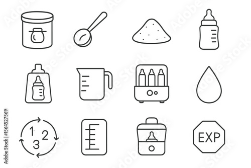 Baby feeding icons set with baby bottles, mixer, measuring cup, and more