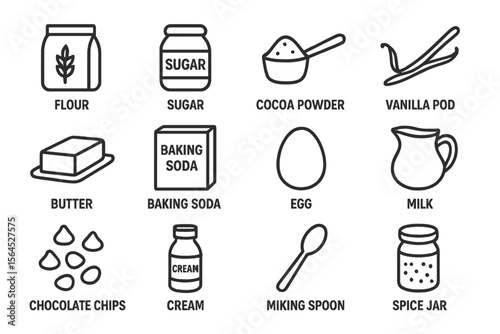Baking ingredients icons: flour, sugar, cocoa, baking soda, vanilla, egg, milk