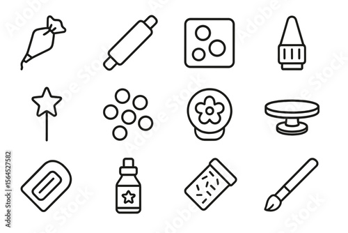 Baking tools icons set: rolling pin, piping bag, pastry brush, cookie cutter