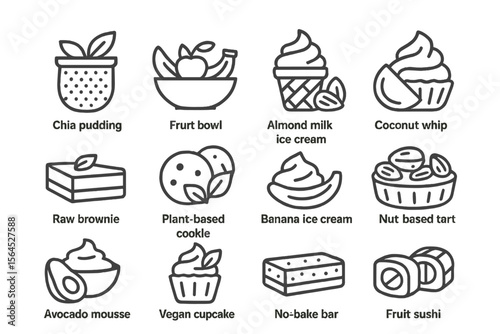 Illustrated vegan desserts: puddings, bowls, ice creams, brownies, and tarts