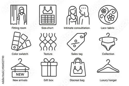 Fashion icons set: consultation, fitting room, lace fabric, collection, sales tag