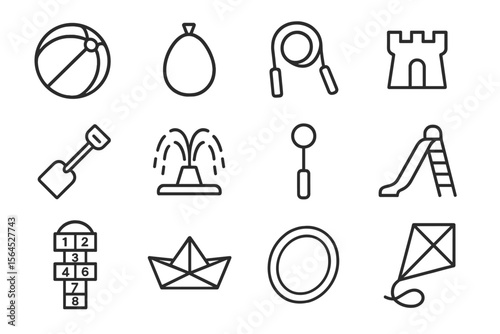 Black and white playground icons with toys and play equipment