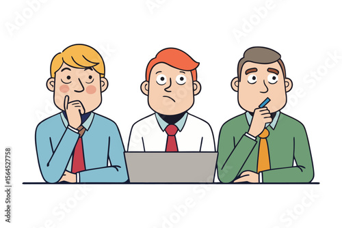 Three businessmen are sitting at a table in front of a laptop appearing thoughtful and concerned about a business problem