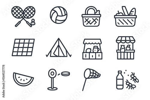 Summer activity icons: camping, picnic, sports, market and nature items