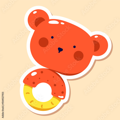 Kawaii baby bear rattle. Children's sticker drawn in bright neon colors.