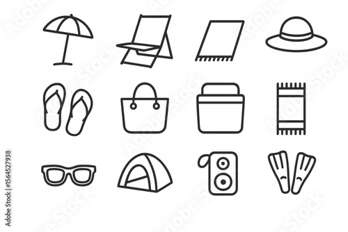Beach essentials icons set: umbrella, hat, bag, tent, flippers, sunglasses