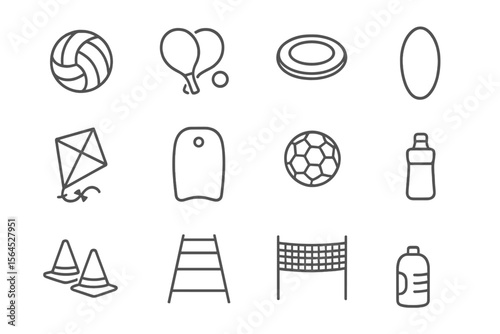 Sports equipment icons including ball, frisbee, kite, and net