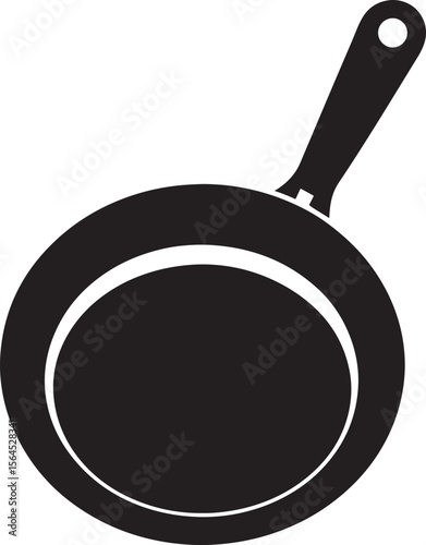 Simple black silhouette of a frying pan with a hole in the handle isolated on white background