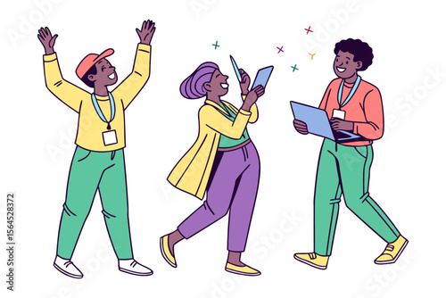 Three diverse individuals celebrating success and engaging with technology showcasing teamwork and modern communication in a vibrant stylized illustration