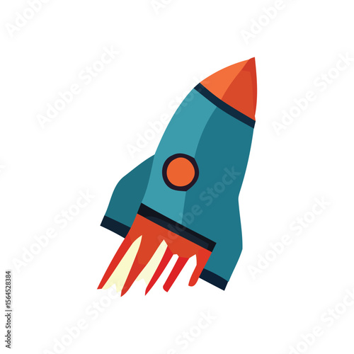 A cartoon rocket ship blasting off with flames, isolated on white background.