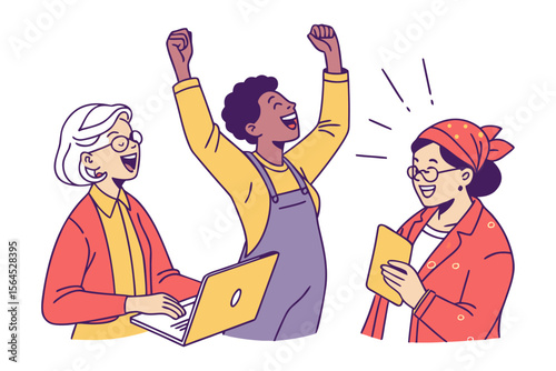 Diverse group of women celebrating success together with joy and enthusiasm looking at a laptop and holding a tablet