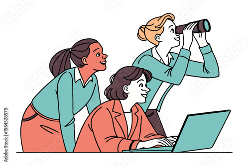 Diverse team of women collaborating and looking towards the future with a laptop and spyglass symbolizing progress and exploration
