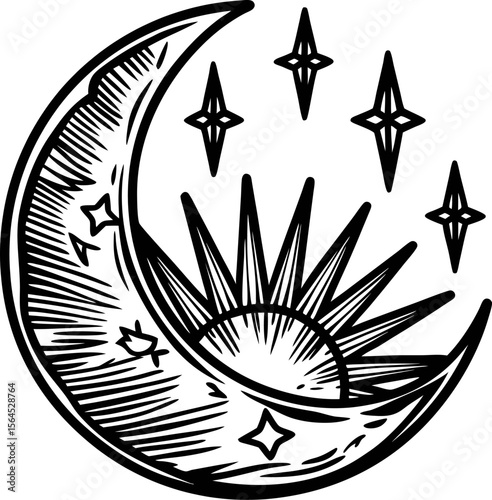 Hand drawn crescent moon with stylized sun and stars in vintage engraving black and white illustration