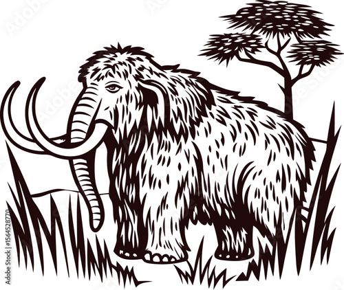 Hand drawn hairy mammoth with large tusks and tree background in vintage engraved illustration