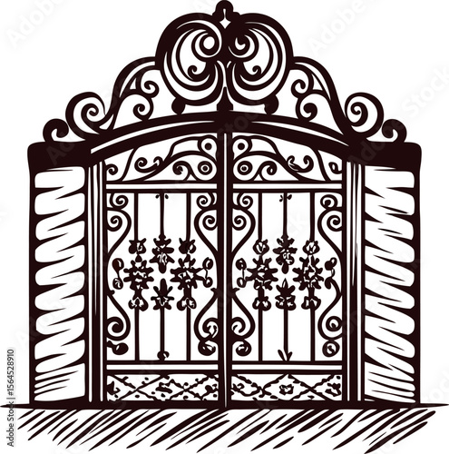 hand drawn ornate wrought iron gate with decorative floral details and vintage swirling scrollwork