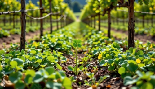 clover sprouting between rows of vineyard vines, symbolizing its use in permaculture and agroecological design
