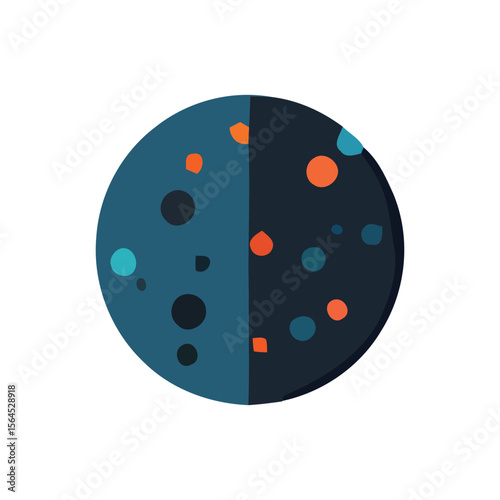 Abstract illustration of a divided blue circle with scattered colorful dots, creating a modern and stylized design.