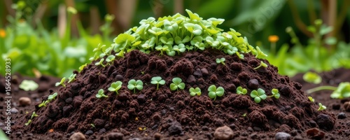a cross section of a thriving compost pile fed by clover clippings, symbolizing sustainable organic cycles