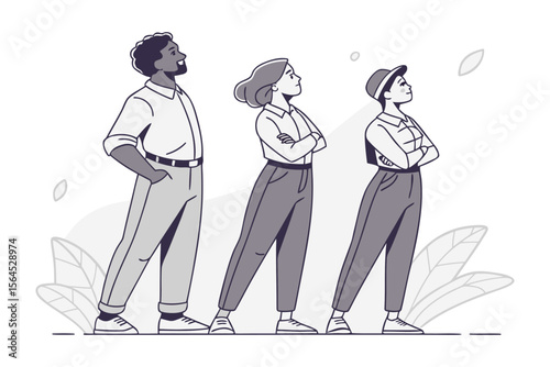 Diverse team members standing confidently and looking upwards towards a bright future symbolizing ambition and shared goals