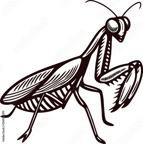 Intricate hand drawn illustration of a praying mantis insect with detailed lines and natural pose