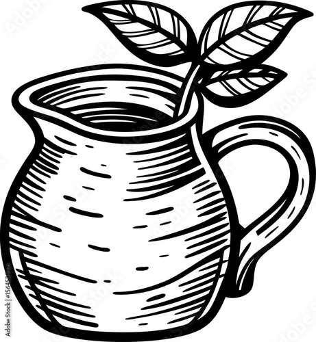 Hand drawn ceramic jug with leafy plant vintage engraved rustic pitcher illustration isolated on white background