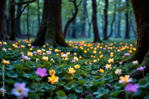 a mystical forest with clover plants glowing softly, illustrating folklore beliefs in clover as a cure for ailments and a symbol of good health.
