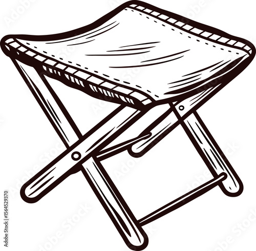 hand drawn folding camp stool sketch with fabric seat and wooden frame, vintage line art illustration