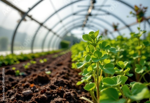 a clover plant growing in a sunlit greenhouse, highlighting sustainable herbal cultivation practices.